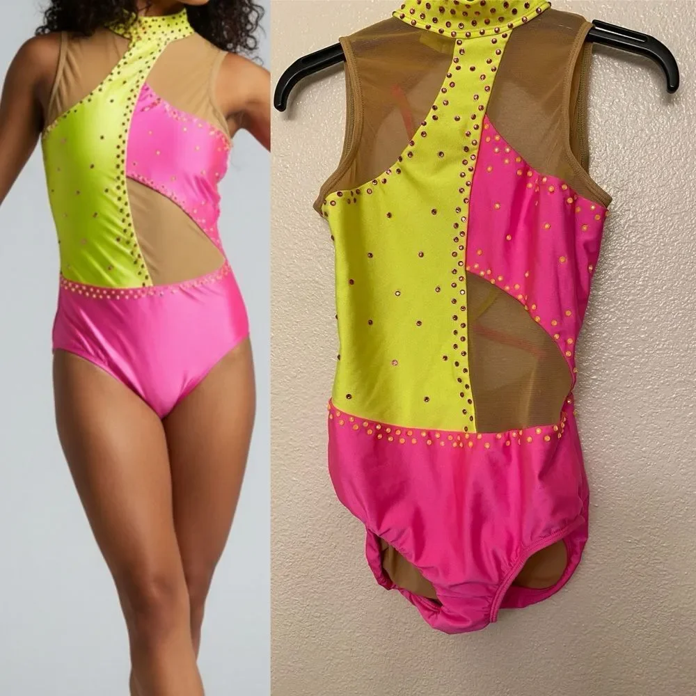 Patrick J dance custom Solo neon pink yellow gravity leotard illusion MA adult